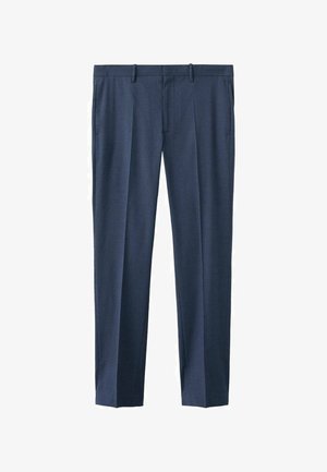 Marineblauwe, op maat gemaakte herensbroek met riemlussen, voorzakken en een rechte pijp.