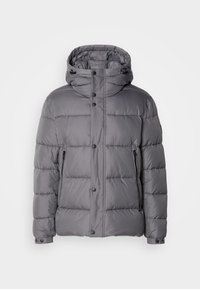 Gray padded jacket with a hood, snap button closure, and side zip pockets. Features a quilted design and smooth, glossy fabric texture.