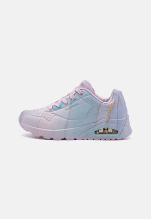 Lightweight pastel sneaker featuring a marbled pattern in blue and pink, with a cushioned sole and visible air pocket at the heel.
