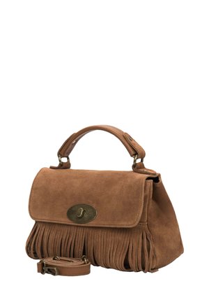 Bruine suède handtas met bovenhandvat, franjerand op het klepje, ovale metalen draaivergrendeling en afneembare schouderriem.