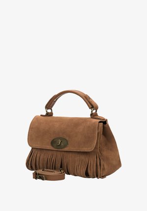Geantă maro din piele întoarsă, cu mâner superior, detalii cu franjuri pe clapetă, închidere ovală metalică cu mecanism răsucitor și bretea de umăr detașabilă.