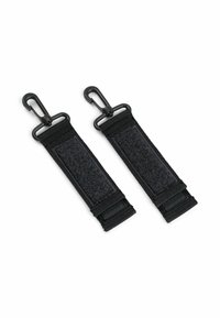 Sorte nylonstropper med små kroge; struktureret overflade og et centralt velcroafsnit. Dobbelt design muliggør alsidighed i fastgørelse.