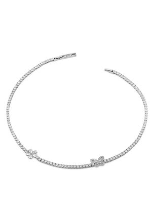 Bracciale in tono argento con una delicata catena che presenta un design di farfalla e fiore, decorato con scintillanti strass trasparenti.