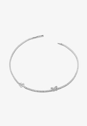 Armband in Silberoptik mit einer zarten Kette, die ein Schmetterlings- und Blumenmuster zeigt, verziert mit klaren, funkelnden Strasssteinen.