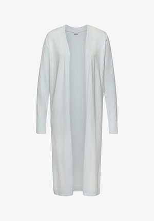 Šviesiai mėlynas ilgas kardiganas, pagamintas iš minkštos trikotažo medžiagos, su atviru priekiu, ilgomis rankovėmis ir susitraukusių rankogalių detalėmis. Užsegimų nėra.