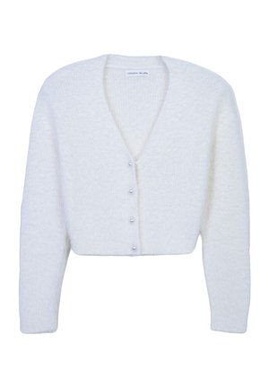 Cardigan bianco a scollo tondo, corto, realizzato in tessuto a maglia testurizzata, con maniche lunghe e cinque bottoni di perla sulla parte anteriore.