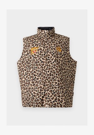 Αμάνικο επενδυμένο γιλέκο με λεοπάρ σχέδιο, κουμπιά με πατιλέτα στην πρόσοψη, όρθιο γιακά, κεντημένο πρόσωπο τίγρης στο αριστερό στήθος και κίτρινο σύμβολο στο δεξί στήθος.