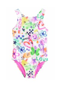 Badpak met kleurrijke patronen, waaronder glimlachen, hartjes en bloemen. Gemaakt van rekbare stof met een witte basis en roze accenten.