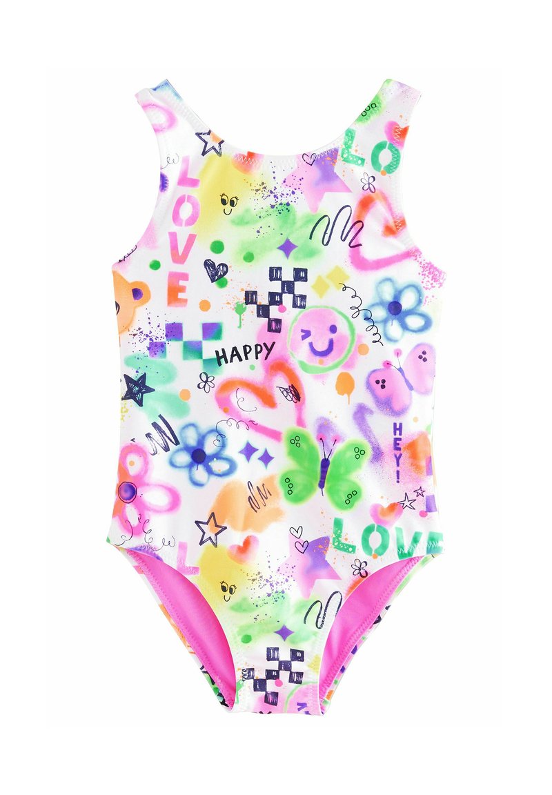 Badpak met kleurrijke patronen, waaronder glimlachen, hartjes en bloemen. Gemaakt van rekbare stof met een witte basis en roze accenten.