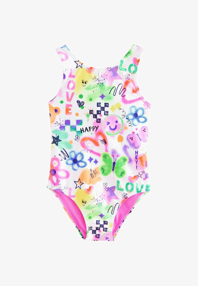 Badpak met kleurrijke patronen, waaronder glimlachen, hartjes en bloemen. Gemaakt van rekbare stof met een witte basis en roze accenten.