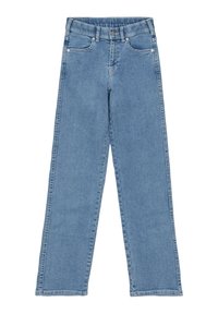 Light blue denim jeans with a high-waisted design, straight legs, and front pockets. Features a button closure and silver-tone hardware.