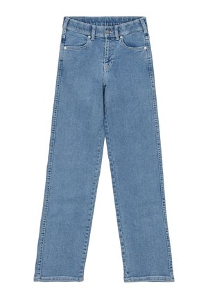 Lichtblauwe denim jeans met een hoge taille, rechte pijpen en voorzakken. Voorzien van een knoopsluiting en zilverkleurige hardware.