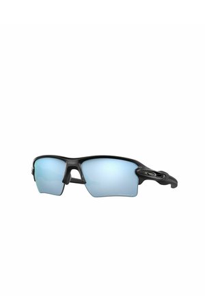Occhiali da sole sportivi neri con montatura opaca a mezza cerchiatura e lenti specchiate blu, progettati per attività all'aperto e protezione dai raggi UV.