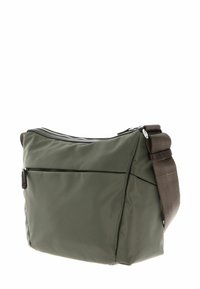 Borsa a tracolla in nylon verde oliva con zip superiore, tracolla regolabile marrone e tasca frontale; presenta una superficie liscia e cuciture minime.