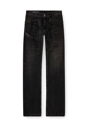 Jeans in denim nero con una vestibilità dritta, dotati di due tasche anteriori e cuciture rinforzate, che mostrano una texture sbiadita e una leggera usura.