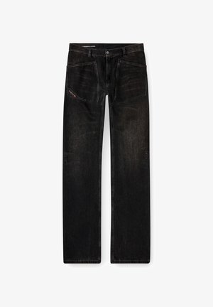 Jeans in denim nero con una vestibilità dritta, dotati di due tasche anteriori e cuciture rinforzate, che mostrano una texture sbiadita e una leggera usura.