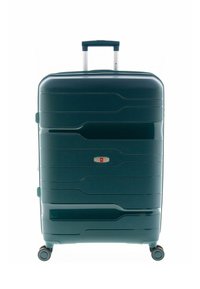 Harde koffer in donkergroen. Heeft getextureerde groeven, een telescopisch handvat en twee wielen voor mobiliteit. Inclusief een klein slot.