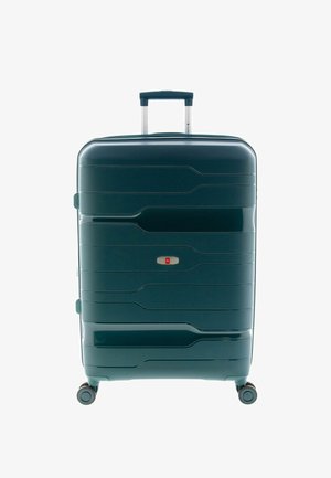 Harde koffer in donkergroen. Heeft getextureerde groeven, een telescopisch handvat en twee wielen voor mobiliteit. Inclusief een klein slot.