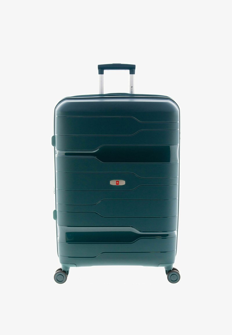 Harde koffer in donkergroen. Heeft getextureerde groeven, een telescopisch handvat en twee wielen voor mobiliteit. Inclusief een klein slot.