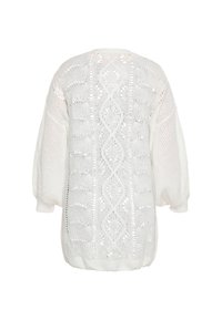 Weißer gestrickter Pullover mit lockerer Passform, der ein strukturiertes Ajourmuster, weite Ärmel und einen gerippten Saum aufweist.