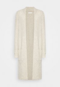 Hellbeige langer Cardigan mit gerippter Textur, offener Vorderseite, zwei Taschen und langen Ärmeln. Hergestellt aus weichem Strickmaterial.