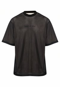 Sort mesh t-shirt med korte ærmer, rund halsudskæring og sideslids. Har teksten "redefineret rebel" på fronten i kontrastprint.
