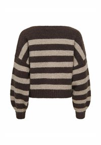 Pull court rayé marron et beige avec de larges manches et un ourlet côtelé. Fabriqué en tissu tricoté doux, il présente un design décontracté et ample.