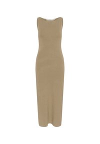 Strick, ärmelloses Maxikleid in Beige, mit Rundhalsausschnitt und figurbetontem Design, das bis zum Knöchel fließt, glatte Textur.