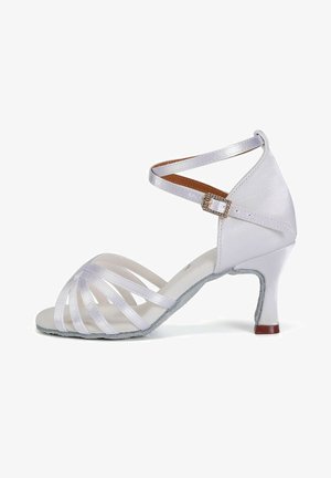 White satin dance shoe with a 1.5-inch heel, featuring vertical straps, ankle strap with buckle, and a smooth texture.