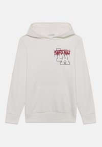 Felpa bianca con cappuccio, con tasca frontale e un design grafico in rosso e nero che include "STREET ISSUE" e "LA."