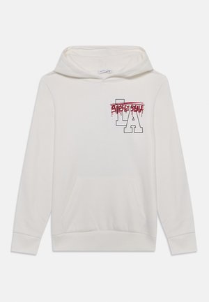 Felpa bianca con cappuccio, con tasca frontale e un design grafico in rosso e nero che include "STREET ISSUE" e "LA."