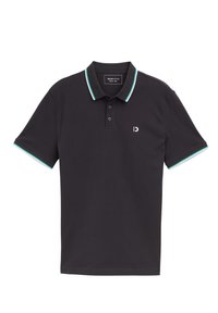 Zwarte polo gemaakt van katoen, met een drie-knopen sluiting, kraag en mouwboorden met turquoise strepen, en een klein logo op de borst.