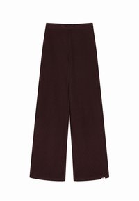 Pantalons à jambe large de couleur marron foncé, fabriqués en tissu ribbé. Dotés d'une taille lisse et d'une étiquette sur le bas de l'ourlet.
