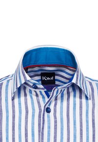 Camicia a righe con righe verticali blu e bianche, colletto interno blu a contrasto e bottoni blu. Realizzata in tessuto leggero.