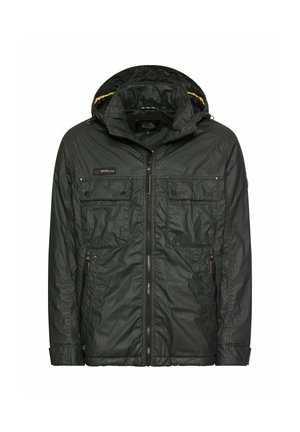 Dunkelgrüne Kapuzenjacke mit Reißverschluss, vier Vordertaschen und knöpfbaren Manschetten.