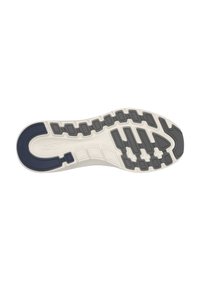 Suola della scarpa caratterizzata da un design bicolore con una base bianca e motivi di trazione grigi, oltre a un accento blu nell'area del tallone.