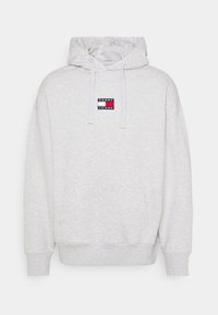 Felpa grigia chiara realizzata in misto cotone, con tasca frontale, cordini e un'etichetta logo rettangolare nei colori rosso, bianco e blu.