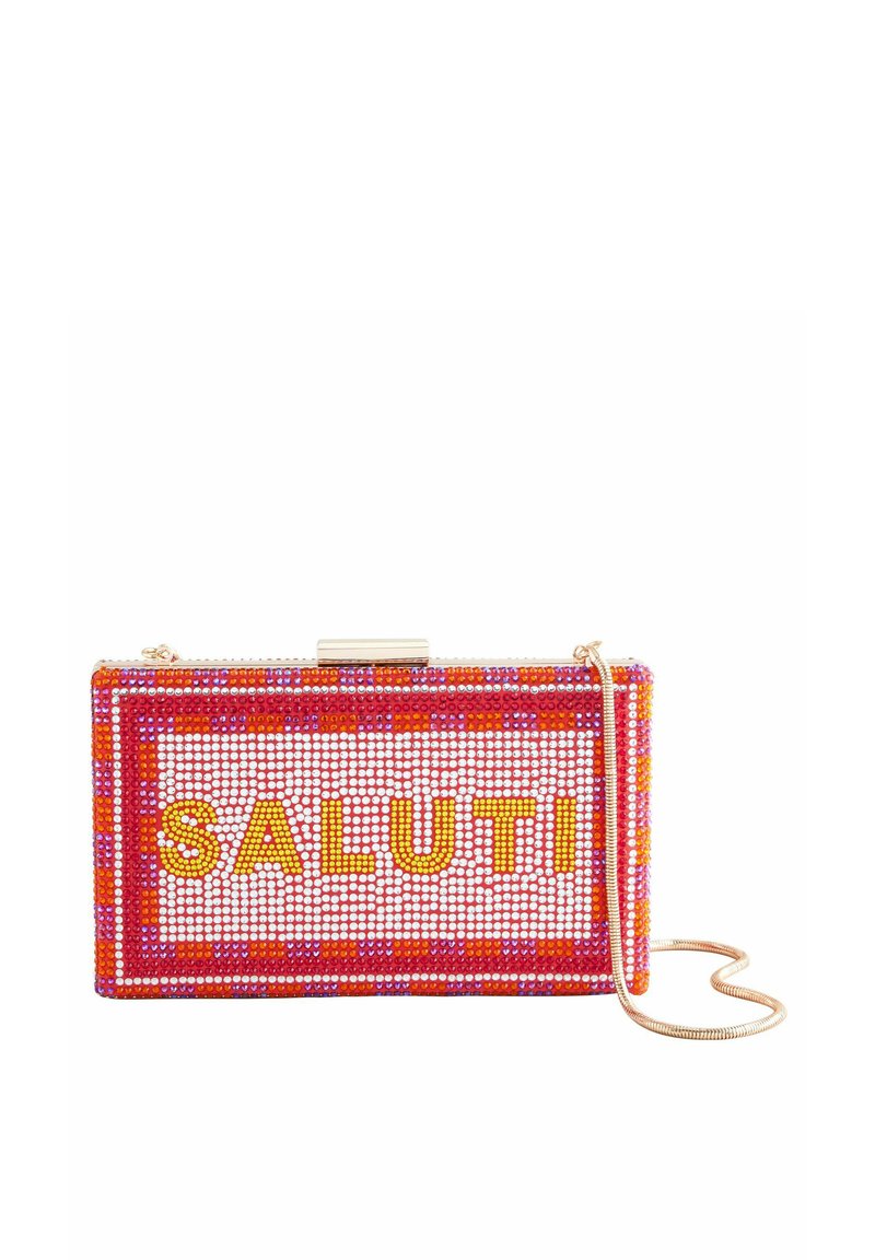 Beaded clutch with "SALUTI" in yellow, featuring a colorful pattern of red, pink, and orange, and a gold-tone chain strap.
