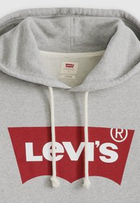 Grijze hoodie van een katoenmix, met een groot rood Levi's-logo, witte trekkoorden en een zachte, textuurrijke binnenvoering. Maat L label zichtbaar.