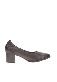 Black leather pump with a round toe, slightly crinkled texture, and a mid-height block heel for stability and comfort.