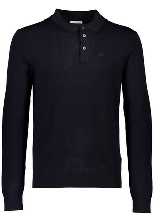 Marineblå langærmet polo-shirt med en tre-knaps placket, ribbet krave og manchetter, der har diskret logo-broderi på brystet.