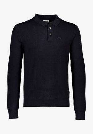 Marinblå långärmad polo med treknapplås, ribbad krage och manschetter, med diskret logobroderi på bröstet.