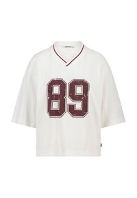 Witte short-sleeve t-shirt met een v-hals, voorzien van een bordeauxrode vintage stijl print van het nummer 89 op de voorkant. Getextureerde stof.