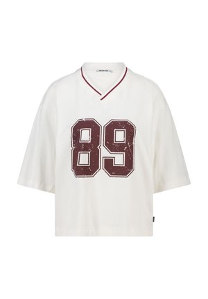 Witte short-sleeve t-shirt met een v-hals, voorzien van een bordeauxrode vintage stijl print van het nummer 89 op de voorkant. Getextureerde stof.