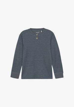 Langarmshirt in Dunkelgrau mit Rundhalsausschnitt, Knopfleiste mit zwei Knöpfen, gerippten Manschetten und strukturiertem Stoff.