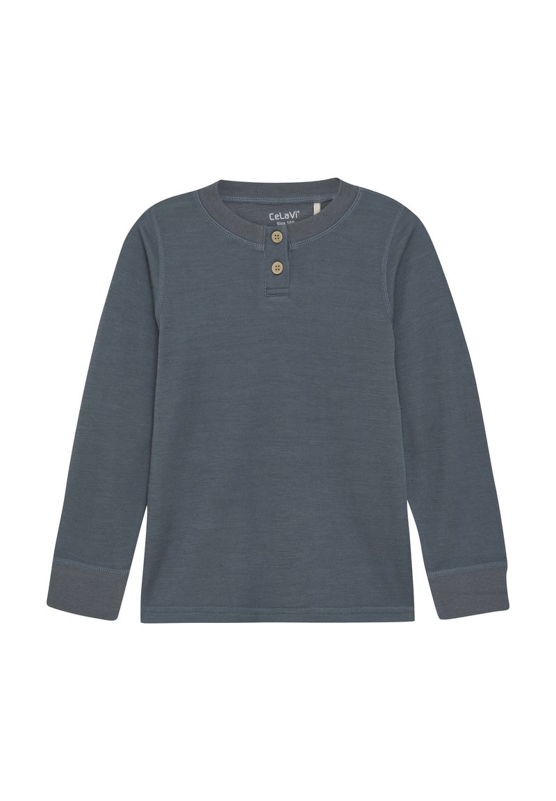 Langarmshirt in Dunkelgrau mit Rundhalsausschnitt, Knopfleiste mit zwei Knöpfen, gerippten Manschetten und strukturiertem Stoff.