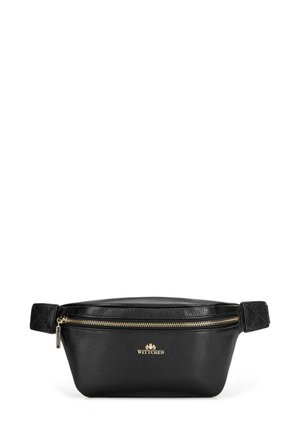 Black leather waist bag with a textured surface, gold hardware zipper, and logo detail on the front. Features an adjustable strap.