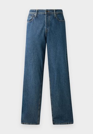 Blue straight-leg denim jeans with five pockets and button closure against a white background.