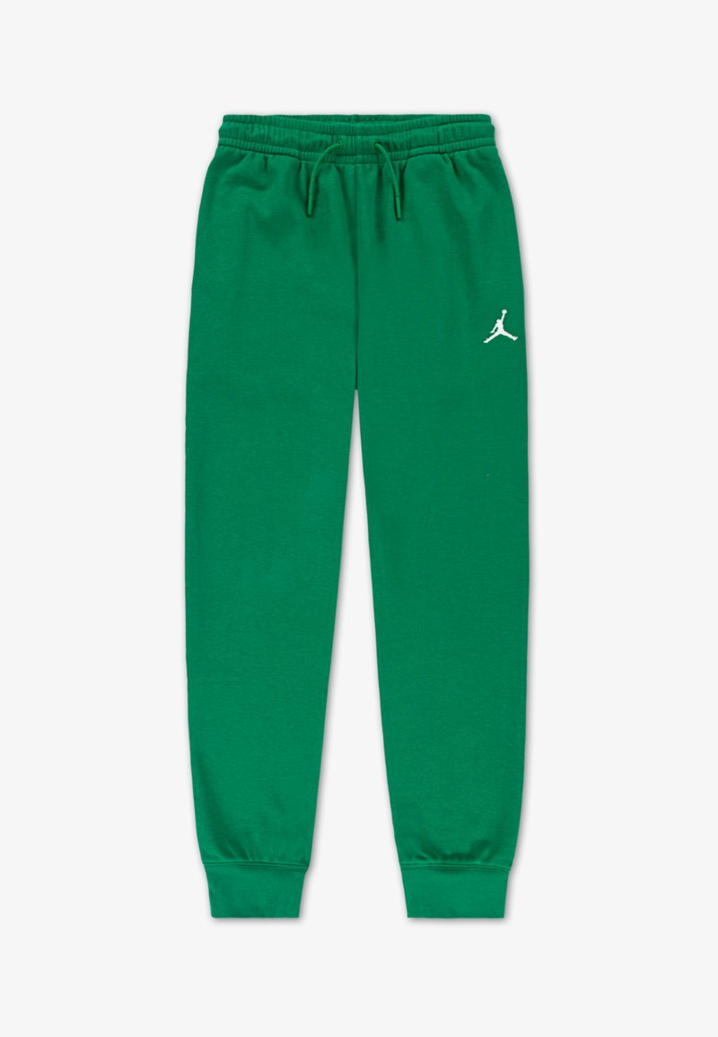 Gröna sweatpants i bomullsmix, med elastisk midja och snodd, avsmalnande muddar och en vit logotyp på vänster lår.