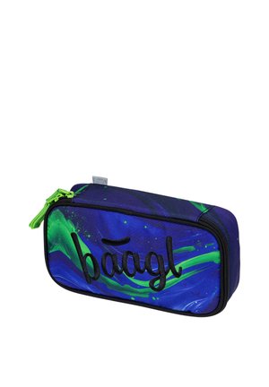 Astuccio per matite rettangolare blu con spirali verdi, zip nero e "baagl" ricamato in nero sul pannello frontale.